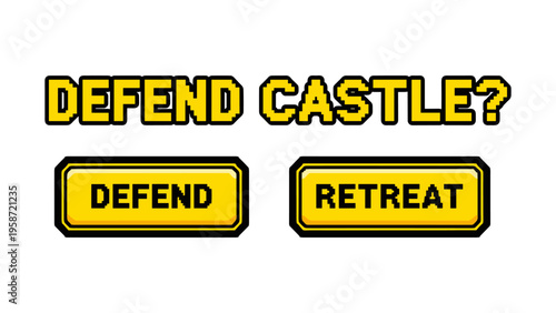 Retro pixel art game menu with defend and retreat buttons
