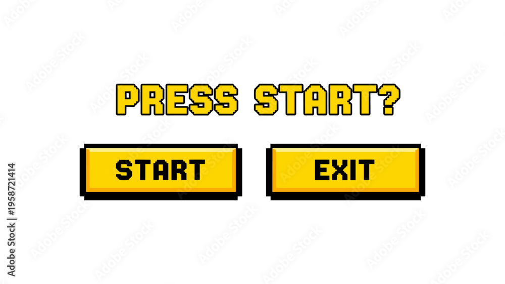 Fototapeta premium Retro gaming interface with pixel art start and exit buttons