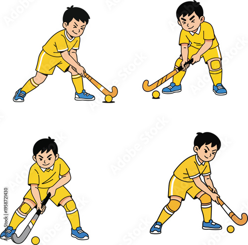 hockey player character set in yellow uniform hitting ball with stick flat vector cartoon illustration