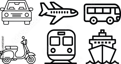 Various modes of transportation illustrated in simple line art