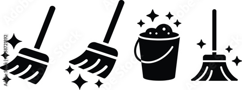 Illustration of cleaning tools with sparkling effects around them