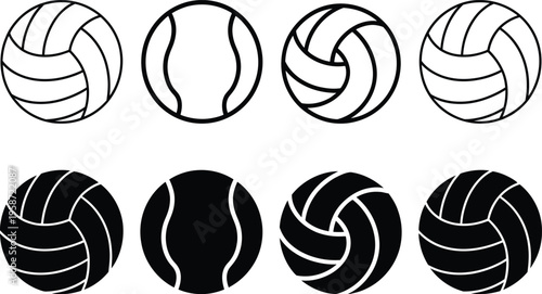 Contrasting designs of volleyballs and tennis balls in black and white variations