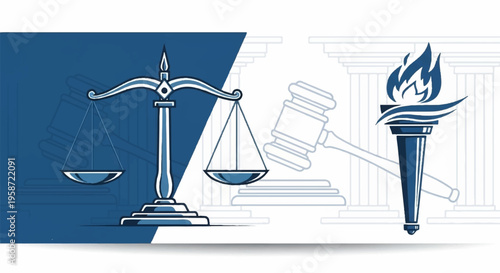 Justice and law concept with balance scales torch and gavel on white background symbolizing fairness and legal judgment