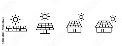 Solar panel and renewable energy line icon set featuring solar energy system on house roof for sustainable power vector illustration or editable stroke