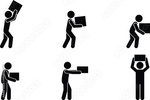 Illustrations of a person carrying various packages and boxes in different ways