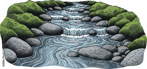 Vintage Hand Sketched Rocky Stream and Waterfall Vector Scene Featuring Mossy Boulders and Rippling Water Cascades with Etched Texture for Landscape and Wellness Graphic Designs