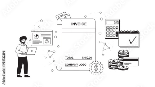 Businessman Analyzing Financial Documents and Invoices in Office Setting.