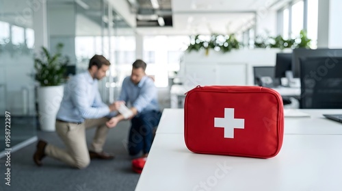 Bright red portable first aid kit rests on an office desk while a colleague assists an injured coworker nearby.