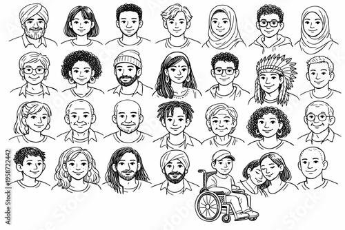 Diverse people avatars set, hand drawn portrait collection of multicultural characters, inclusive faces illustration