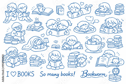 Cute hand drawn doodle set of reading and books, cartoon characters studying, education and library illustration collection