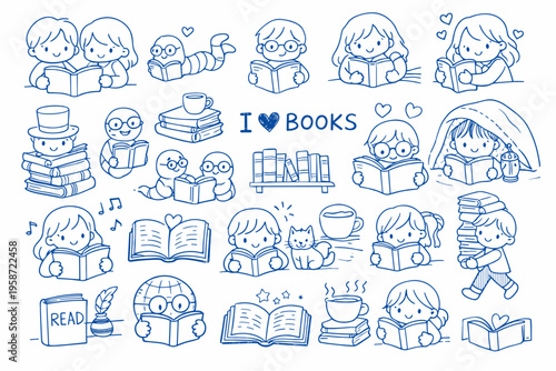 Cute hand drawn doodle set of reading and books, cartoon characters studying, education and library illustration collection