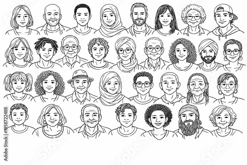 Diverse people avatars set, hand drawn portrait collection of multicultural characters, inclusive faces illustration