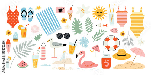 Cute summer doodle clipart stickers set with beach vacation elements, palm tree, sun hat, ice cream, watermelon, swimsuit, flip flops, cocktail, seashell, camera, flat vector illustration