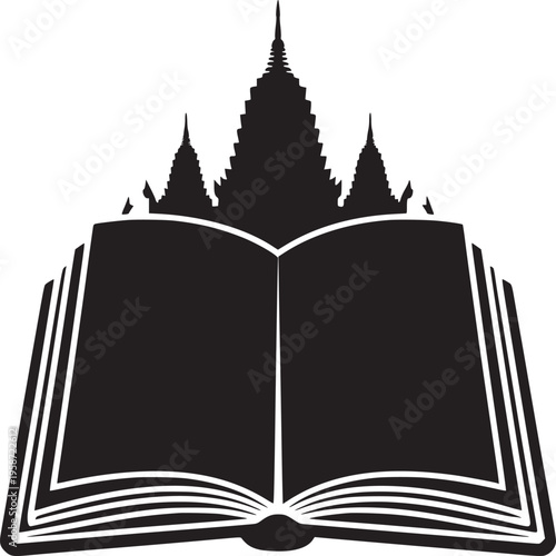 An open book silhouette with a temple silhouette rising above the pages against a white background