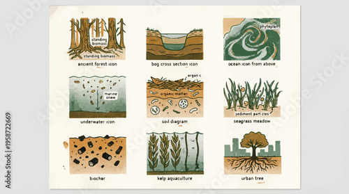 Sustainable urban gardening illustrations, set of 9 vector icons for eco-friendly farming, greenhouse and hydroponic systems, rooftop beehive and composting