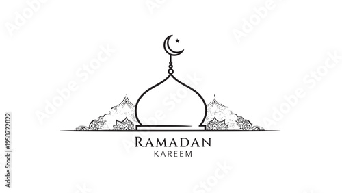 Elegant Ramadan Kareem Greeting Card with Crescent Moon and Mosque Silhouette.