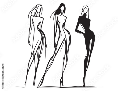 cartoon abstract fashion models sketch, line art sketch style