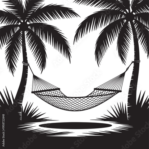 Black and white illustration of a hammock hanging between two palm trees on a tropical beach