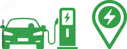 Electric vehicle charging at a public charging station with location marker