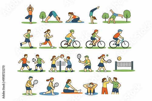 Flat vector set of outdoor fitness and sports activities, running, cycling, training and healthy lifestyle illustration collection
