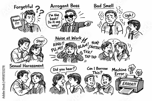 Hand drawn doodle set of workplace problems and office stress, toxic environment, communication issues and business conflict illustration