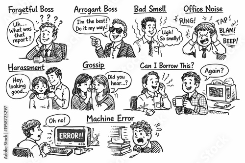 Hand drawn doodle set of workplace problems and office stress, toxic environment, communication issues and business conflict illustration