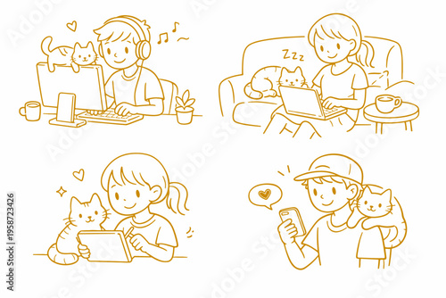 People Spending Time with Pets Illustration Set with Cats, Relaxation and Daily Activities Concept
