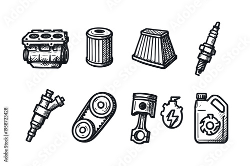Collection of hand-drawn automotive parts icons for engine and maintenance needs