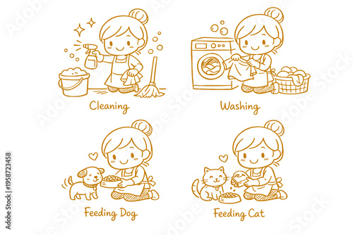 Cute line art vector set of girl doing cleaning, washing and pet care activities, kawaii household illustration collection
