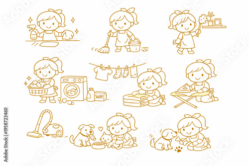 Cute line art vector set of girl doing cleaning, washing and pet care activities, kawaii household illustration collection