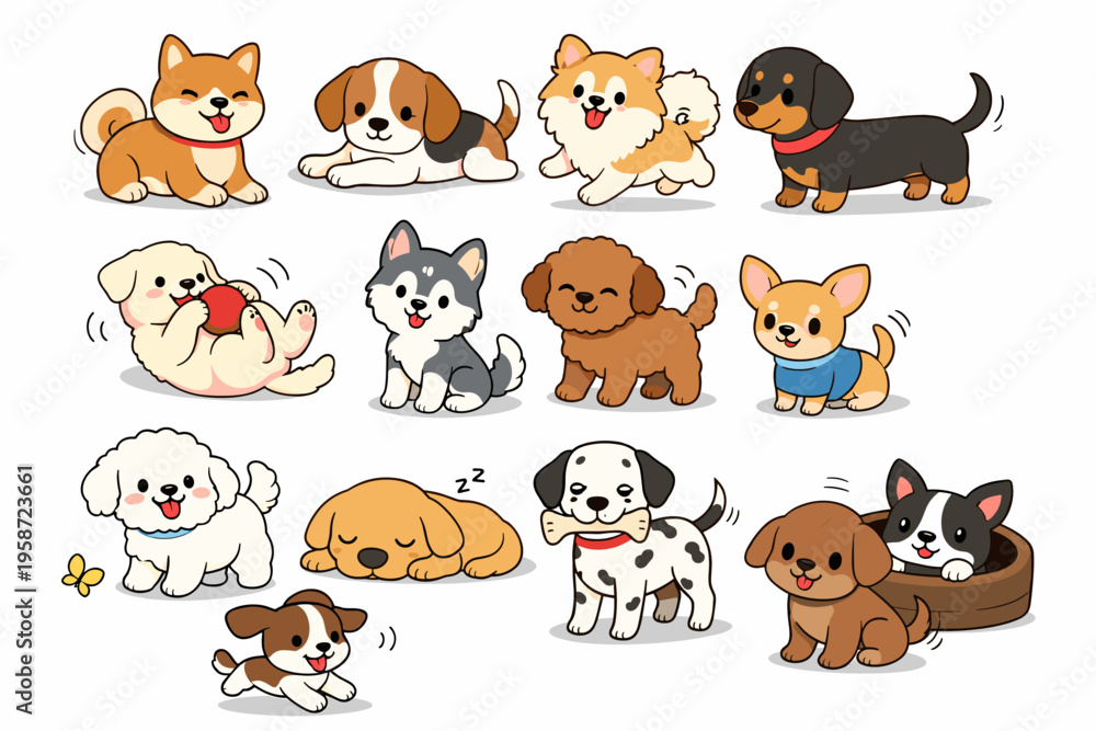 Fototapeta premium Cute Dogs Cartoon Set with Different Breeds, Puppies and Adorable Pet Characters Illustration