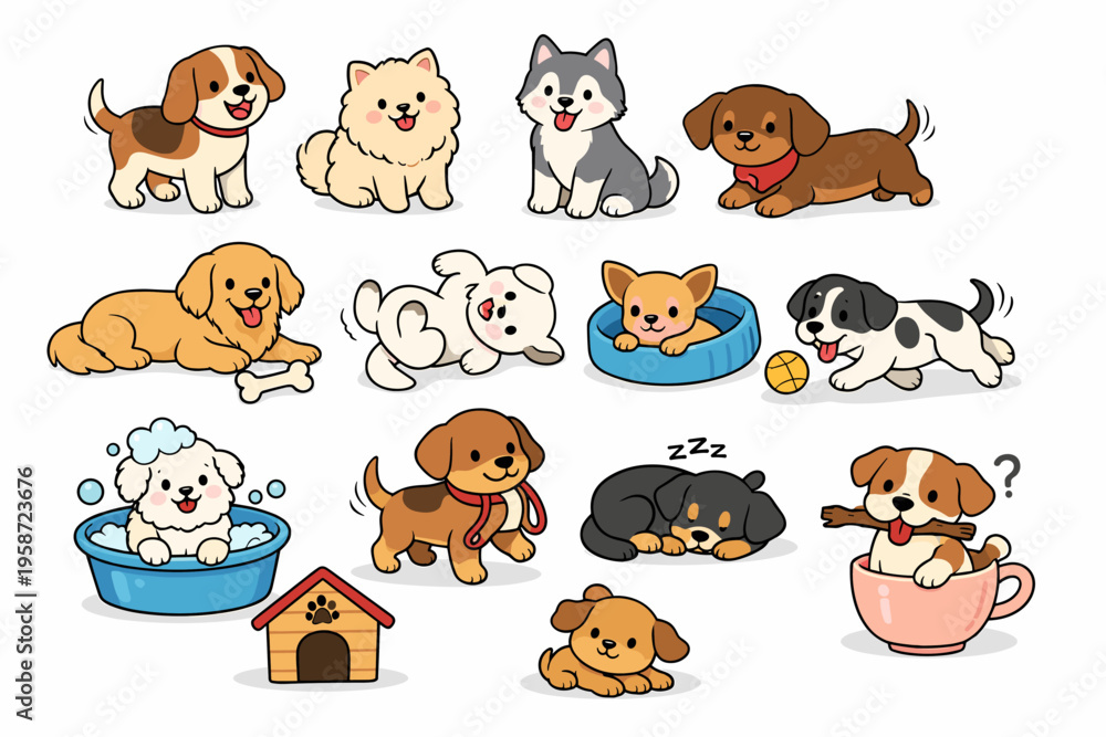 Obraz premium Cute Dogs Cartoon Set with Different Breeds, Puppies and Funny Pet Characters Illustration