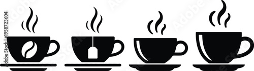 Four stylized illustrations of coffee cups representing different tea and coffee preparation methods