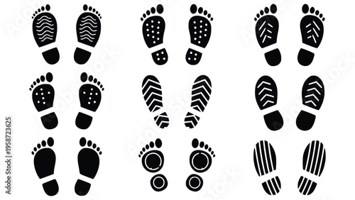 Various black footprints with different patterns on white background