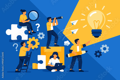 Teamwork and Problem Solving Concept with Puzzle Pieces, Ideas and Business Collaboration Illustration