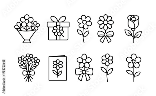 Collection of simple black outline icons featuring flowers, gifts, and cards for celebrations