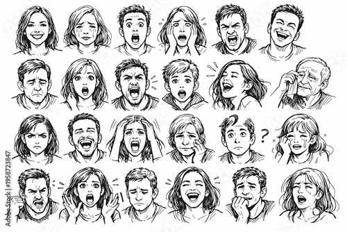 Human Emotions and Facial Expressions Set with Diverse Reactions and Character Faces Illustration