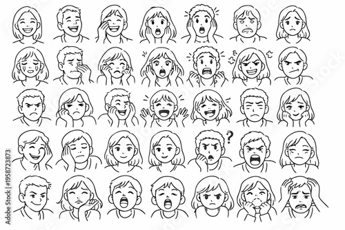 Human Emotions and Facial Expressions Set with Diverse Reactions and Character Faces Illustration