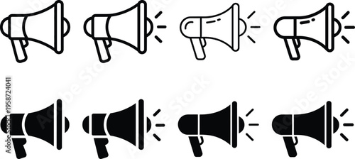 Series of megaphones with varying sound intensity and fill levels in black and white