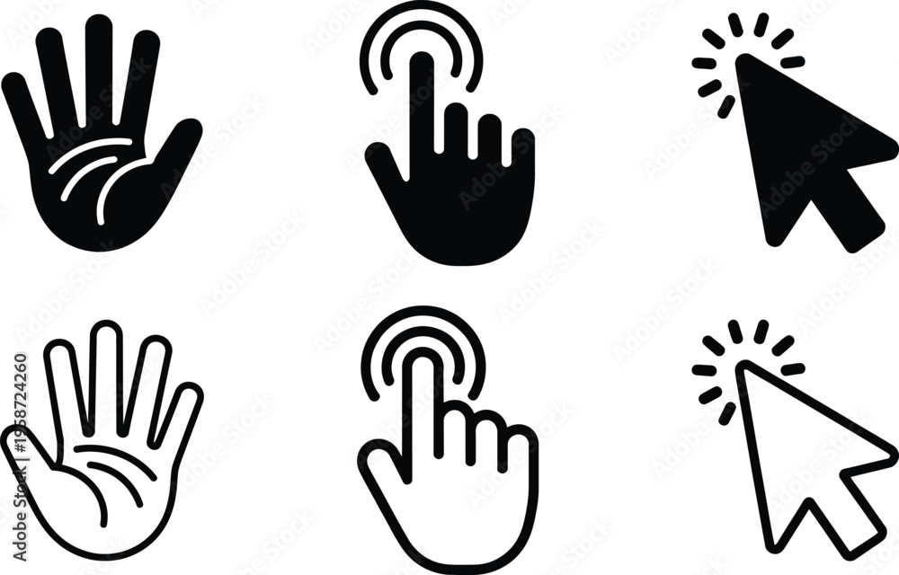 Fototapeta premium Visual representation of touch interactions using hand, finger tap, and mouse click icons