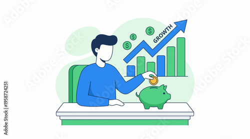 Conceptual Illustration of Financial Growth and Investment Strategy Man Saving Money into Piggy Bank with Rising Economy Graph