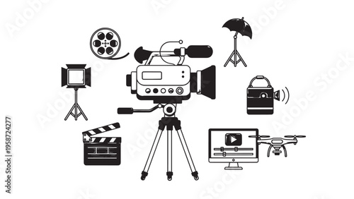 Collection of Film Production Equipment Including Camera, Lighting, and Editing Tools.