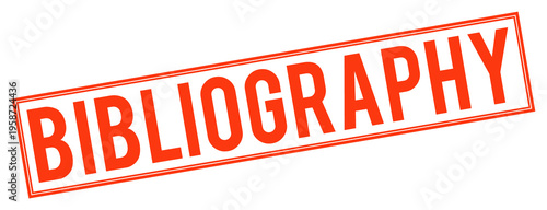 Red bibliography stamp on white background for reference on transparent background