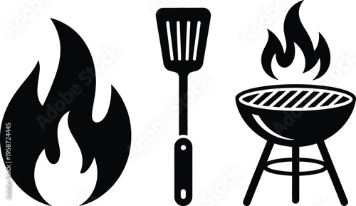 Illustrations of barbecue essentials including fire, grill tools, and a grill
