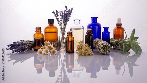 Aromatic essential oil bottles with herbs and flowers on reflective surface for natural wellness and skincare