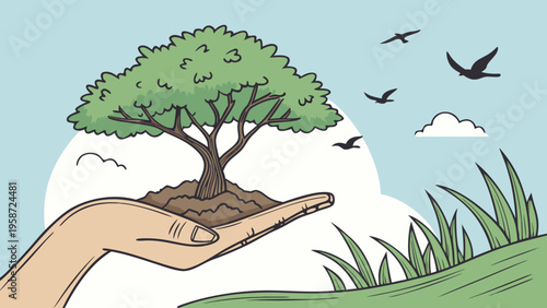 Eco friendly, sustainable tree, green environment, nature conservation, hand holding earth