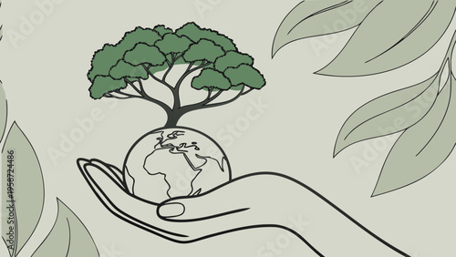 Eco friendly globe with tree, hand holding earth, green leaves, sustainability concept, environmental care