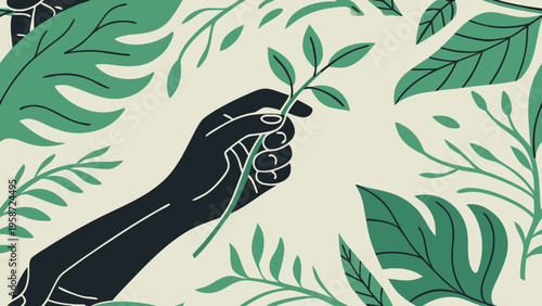 Eco friendly hand, green leaves, nature conservation, sustainable living vector