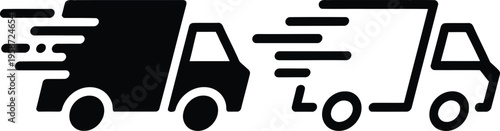 Two delivery trucks moving in opposite directions with motion lines