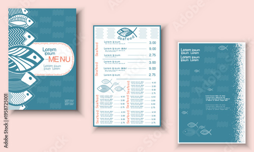 Seafood  menu template with school of fish illustration, nautical wave patterns, and minimalist layout. Restaurant Vector ocean sea fish card background front and back sheet design